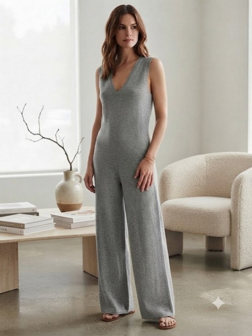 NAKED CASHMERE V-Neck Wide Leg Jumpsuit ~ Heather Grey 100% Cashmere XS/S NWT